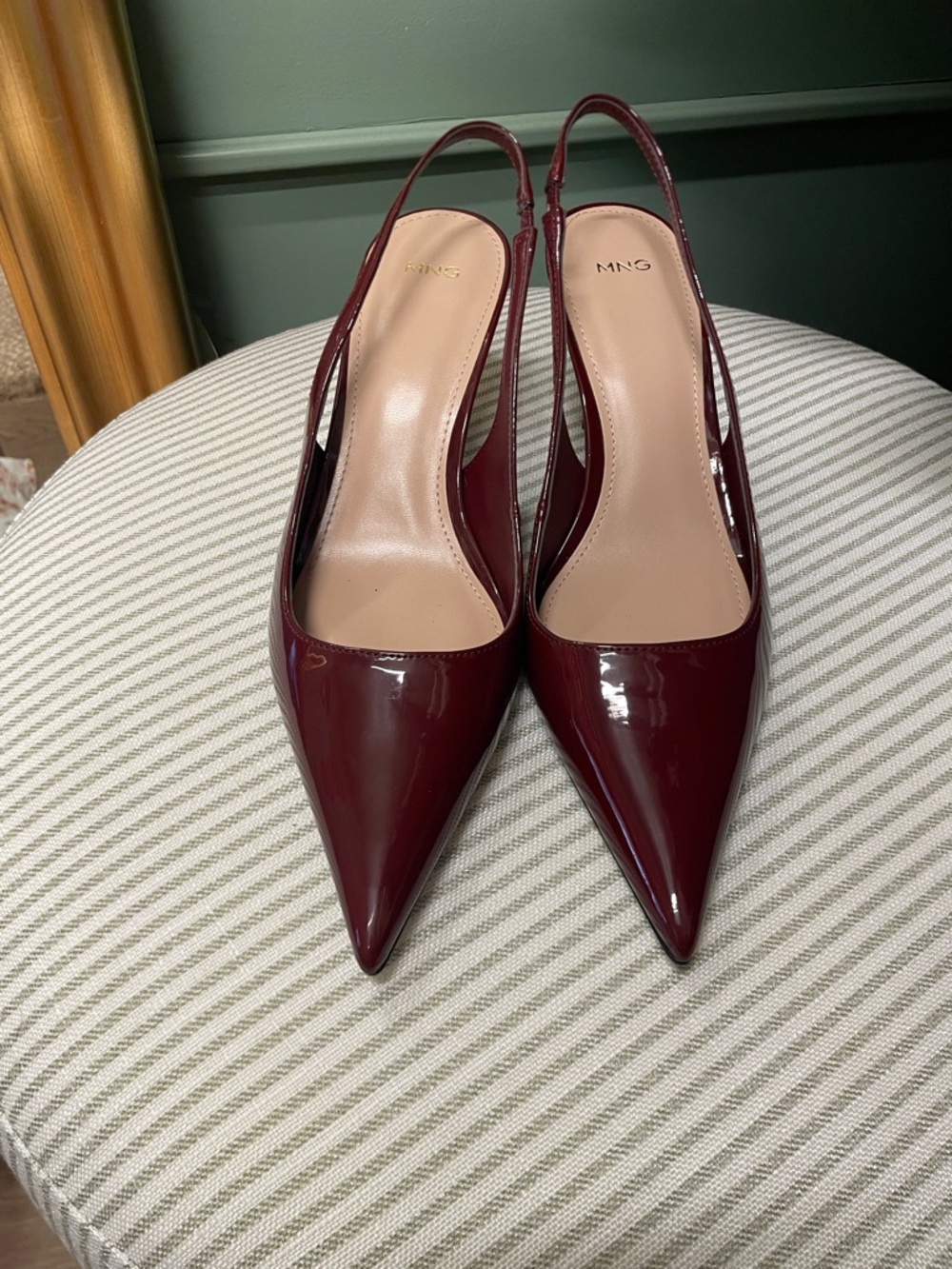 Mango Burgundy Patent Pointed Slingback Heels